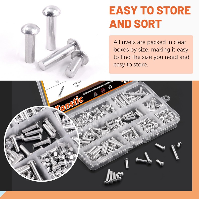 Tanstic 330Pcs M4 Solid Aluminum Brazier Head Rivets, 6mm 10mm