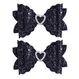 IKOLA Hair Bows for Girls Glitter Hair Clips with Rhinestones Heart Non Slip Metal Alligator Clips Hair Barrettes Sparkly Hair Accessories for Valentine's Day Christmas Back to School - Black