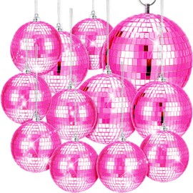12 Pack Disco Ball Mirror Ball with Hanging Ring for Fun Retro Disco Party Decorations Party DJ Lighting Effect Stage Props Game Accessories, 5.91 Inch, 3.94 Inch, 3.15 Inch, 2.36 Inch (Pink)