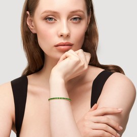 FANCIME 14K Gold Plated Women's Tennis Bracelet with Synthetic Gemstone, Birthstone Gift Jewellery for Her Ladies Girls, Length 19 cm, Sterling Silver, Emerald