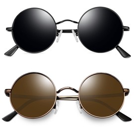 Joopin Vintage Round Sunglasses Men's Polarised Sunglasses Retro Hippie Steampunk for Women with Metal Frame 2 Pairs, c18-full black and copper brown