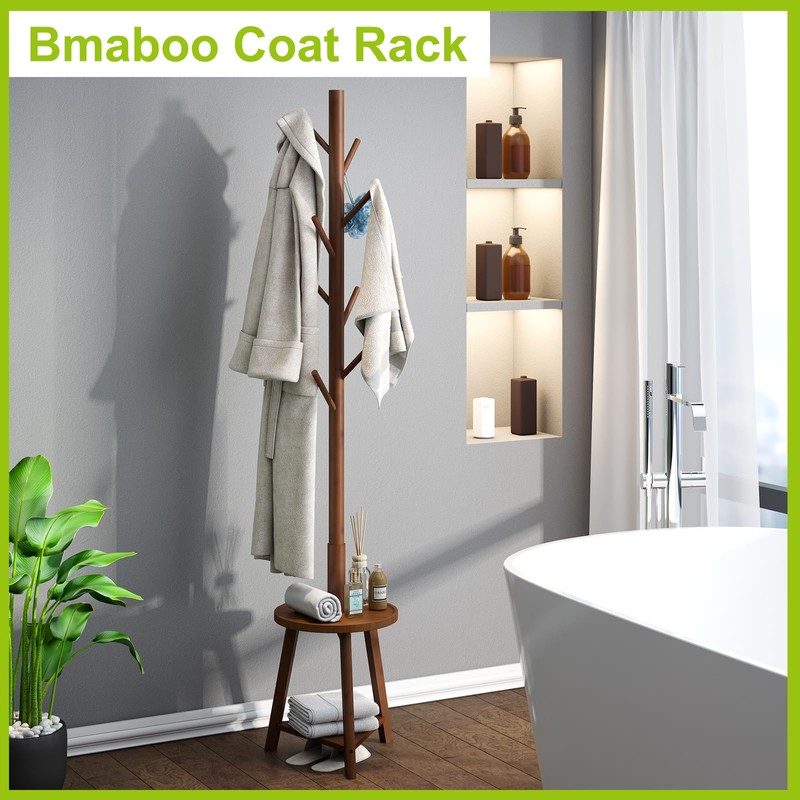 BMOSU Coat Rack freestanding Stand with 2 Shelves Bamboo Wooden