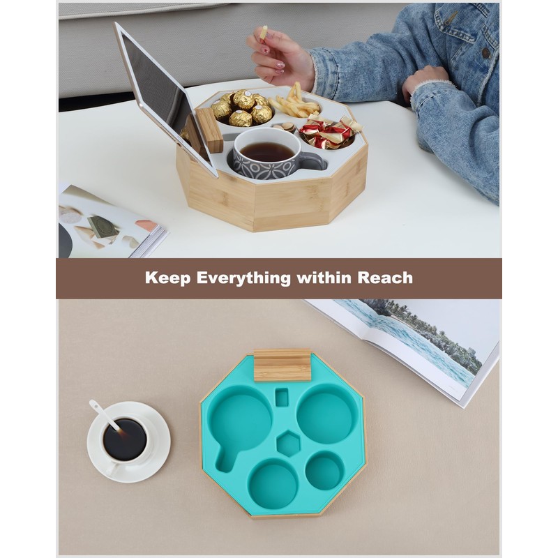 Hitseon Couch Cup Holder Tray, Octagonal Silicone Bamboo Sofa Cup