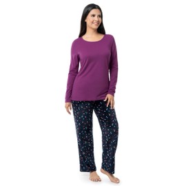 Fruit of the Loom Women's Sueded Jersey Crew Top and Fleece Pant Sleep Set, Berry/Multi Confetti