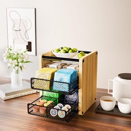 Tea Bag Organizer, Tea Organizer and Storage with Drawers, Tea Box for Tea Bags, Wooden Tea Bag Holder for Kitchen, Countertop, Office, Tea Station (Natural Wood)