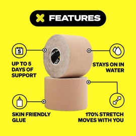 2 Rolls - SPORTTAPE Kinesiology Tape - 5cm x 5m - Beige | Physio & Sports Injury Muscle Tape for Knee Pain, Shoulder, Ankle & Shin Splints Support | Waterproof & Hypoallergenic Kinetic Sports Tape