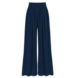 BTFBM Womens Casual Wide Leg Pants Summer Fall Clothes Pleated Elastic Waist Loose Palazzo Knit Trousers with Pockets(Navy, Medium)
