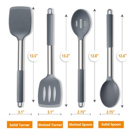 Cooking Utensils Set of 4, E-far Silicone Kitchen Utensils for Non-stick Cookware, Heat Resistant & Non-toxic Slotted Spatula Solid Spoon Turner for Flipping Mixing Serving Basting(Grey)