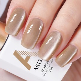 AILLSA Glass Cat Eye Gel Nail Polish, Champagne Glitter Jelly Gel Nude Nail Polish Magnetic Gold Shimmer Sparkle Nail Art U V Gel Salon 0.5 OZ