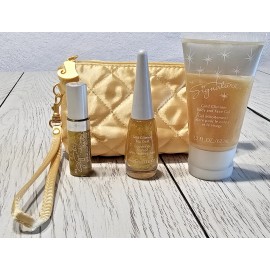 Mary Kay MK Signature Gold Glimmer Set - Body And Face Gel, Lip Gloss, Top Coat