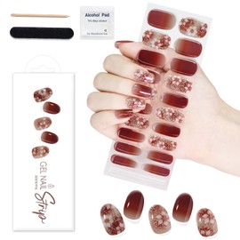 WOKOTO 1 Sheet Semi Cured Gel Nail Strips With Wood Stick, Nail File & Prepared Pads, 20 Tips Burgundy Gradient & Floral Semi Cured Nail Polish Strips Stickers, Harden With UV Light Gel Nail Stickers
