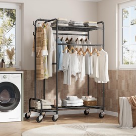 Raybee Clothes Rack 74" H Heavy Duty Clothing Rack With Shelves, 400 LBS Clothes Rack for Hanging Clothes, Portable Garment Racks with Lockable Wheels, Multi-Functional Closet Rack for Bedroom Black