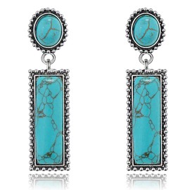 Aloluo Boho Turquoise Rectangle Dangle Statement Earrings for Women Vintage Turquoise Drop Dangling Earring Studs Retro Bohemia Birthday Party Jewelry Gifts