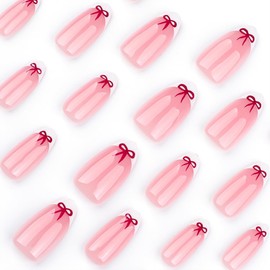 24Pcs French Tip Press on Nails Almond Medium Fake Nails with Red Bow Designs French Glue on Nails Acrylic Nails Press ons False Nail Full Cover Artificial Nails for Women Girls