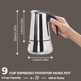 9 Cup 450ml Moka Pot Stainless Steel Espresso Coffee Maker Stovetop Percolator Coffeemaker Italian Classic Style Brewing Greca Cafe Mocha Machine for Cafeteras Lover Camping Travel and Home Use 15oz