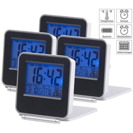 PEARL Alarm Clock with Thermometer: Set of 4 Compact Digital Travel Alarm Clocks with Thermometer, Calendar & Timer (Alarm Clock with Timer, Alarm Clock with Room Thermometer)