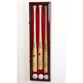 3 Baseball Bat Display Case Cabinet Holder Wall Rack Custom Options 98% UV - Lockable (Cherry Wood Finish, Red Felt - Vertical Mounting)