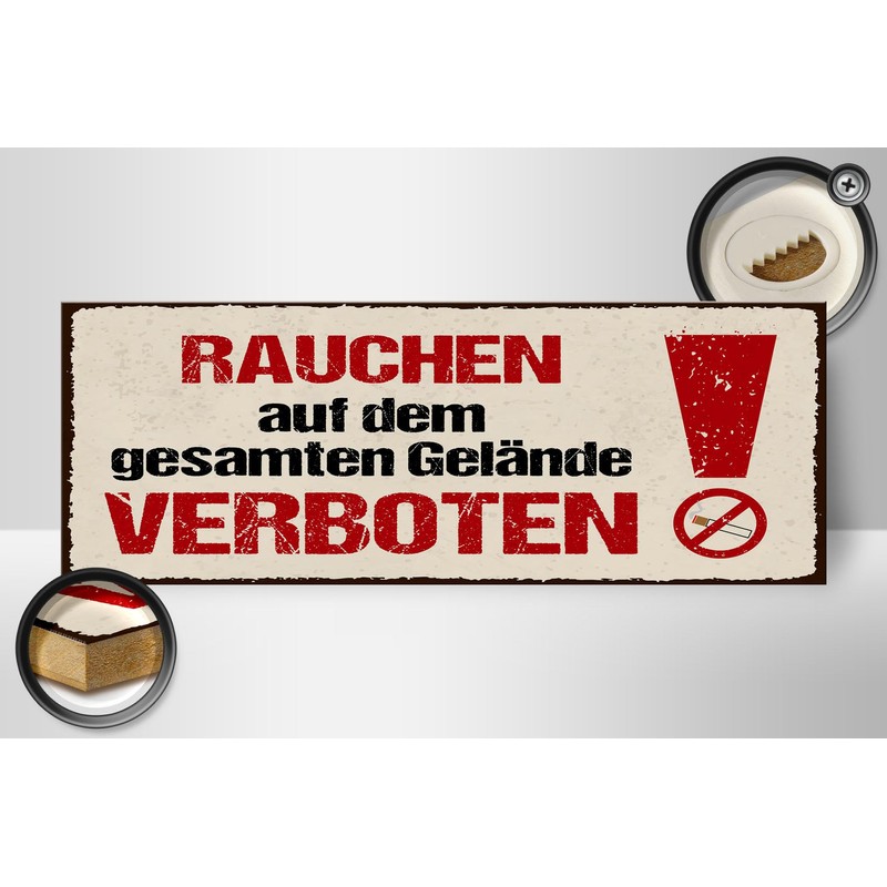 Femer Holzschild Hinweis 27x10 cm Rauchen auf dem gesamten Gelände