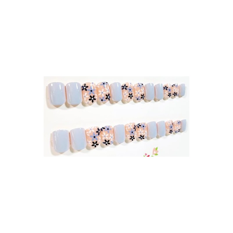 Denim Flowers Glossy Extra Short Square Press-On Nails - 24