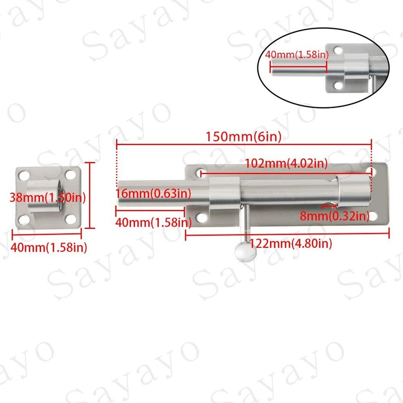 SAYAYO EMS8000-LS Door Bolt Bolt Stainless Steel Lock Lock Gate