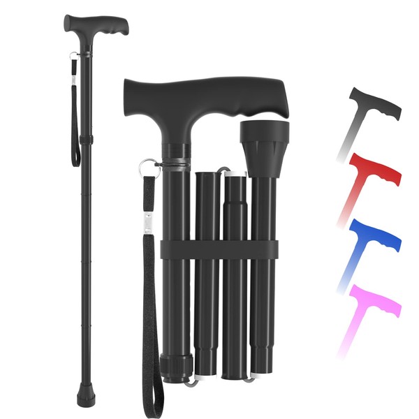 BeneCane Folding Walking Sticks-Adjustable Collapsible Walking Sticks for Women and Men-Lightweight and Portable Hand Walking Cane with Comfortable T Handle (Black)