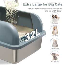 Stainless Steel Cat Litter Box with Lid, XXL Extra Large Metal Litter Box for Big Cats, High Sides Enclosed Cat Litter Box with Anti-Urine Leakage, Easy Clean, Include Litter Scoop