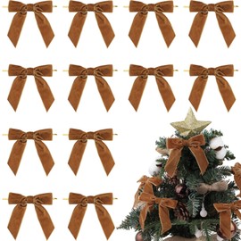 YKW 12 Pcs Brown Velvet Autumn Bows for Fall Decor, Thanksgiving & Rustic Crafts - 3.5x3.5 Neutral Ribbon Bow Wedding Gift Wrapping (1" W)