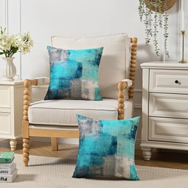Jayusaror Cushion Cover 40 x 40 cm Cushion Covers Turquoise Teal Grey Sofa Cushion Decorative Cushion Linen Couch Cushion Abstract Aesthetic Cushion Covers Set of 2 for Living Room