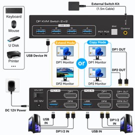 ATLAHET Displayport KVM Switch 2 Monitors 2 Computers 8K 60Hz 4K 120Hz Dual Monitor USB 3.0 KVM Switches for 4 USB Devices, Wired Extension Button,12V DC Adapter and USB3.0 Cables