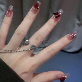 Camellia Butterfly Pearl Design French False Nails - Reusable Coffin Nails, Stick On, Glue On for Women