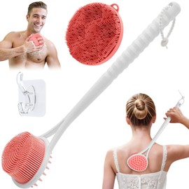GEENOA Silicone Back Scrubber & Body Scrubber Set, 15.35’’ Back Scrubber for Shower with Dual-Side Brush Head, Silicone Loofah with Dense Bristles, Exfoliating Body Scrubber in Shower(Pink-2PCS)