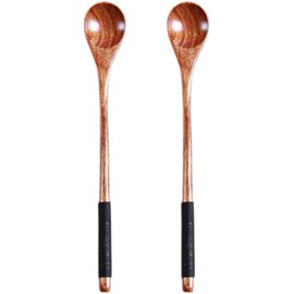 2 Pcs Brown Coffee Spoon Pure Hand Wooden Spoons Long Handle Stirring Spoons Log Tableware Honey Spoon Scoop Teaspoon Size: 7.87 * 1.2 Coffee, Tea and Espresso