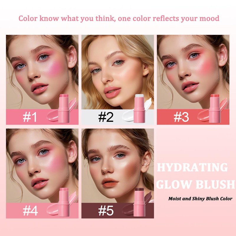 Cream Blush Stick, Natural Glow Finish Looking, Hydrating Lightweight Shiny