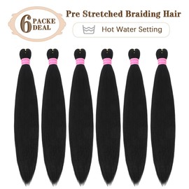 Prestretched Braiding Hair Extensions Black for Braids 20 Inch 6Pcs/Packs Synthetic Yaki Texture Professional Prestretched Braiding Hair for Women (Black, 20 inch)