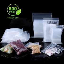 Premium 600 Count Zip Poly Bags, 2Mil 3 Assorted Sizes - 50.8mmx50.8mm, 50.8mmx76.2mm, 76.2mmx101.6mm Small Poly Zipper Bags Sturdy Seal Tight, Small Plastic Bags Food Grade No Bad Smell, Reused