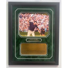 Scottie Scheffler 2025 PGA Champion 8x10 Photo after final putt plaque with an engraved 4 day scorecard nameplate (Black)