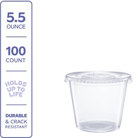 GUSTO [5.5 oz. - 100 Count Clear Disposable Plastic Portion Cups with Lids - Soufflé Cups, Jello Shot Cups With Lids, Plastic Containers Perfect for salad Dressing and More- Formerly Comfy Package