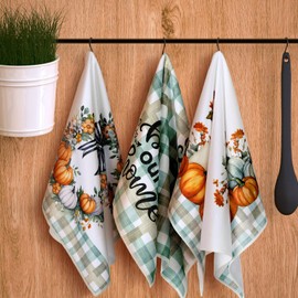 Geyoga Set of 6 Fall Thanksgiving Kitchen Towels Pumpkin Fall Hand Towels Autumn Dish Tea Towels for Kitchen Decorative Absorbent Fast Drying Cloth for Bathroom Cooking 16" x 24"(Green,Novel)
