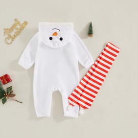 Bufarromio Infant Baby Boys Girls Christmas Outfits Snowman Plush Hooded Romper Long Sleeve Jumpsuit Scarf Newborn Clothes Set 0-24M (White, 6-12 Months)