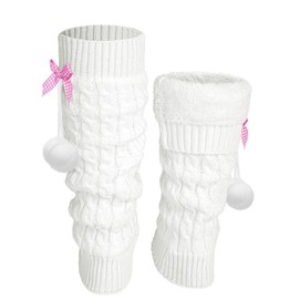 Shihanee Winter Fleece Lined Leg Warmers for Women Knit Long Leg Warmers Warm Fleece Lined Boot Socks for Skating Daily Wear (White,Bow with Pompom)