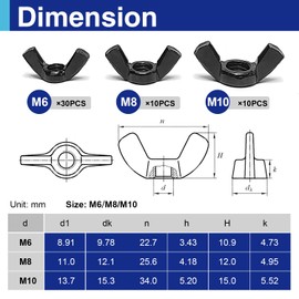 50PCS 3 Size M6 M8 M10 Metric Wing Nuts Assorted kit, Zinc Plating-Black Wing Nuts Butterfly Fasteners, Hand Twist Tighten Ear Butterfly Nut Kitfor Easy Assembly and Secure Fit Furniture