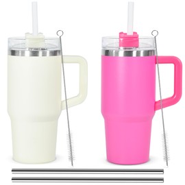 2Pack 14oz Tumblers with Handle, Stainless Steel Double Wall Vacuum Insulated Cup for Children, Iced Coffee Cups for Outdoor School Travel, White&Rose Red