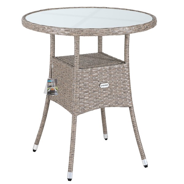 CASARIA® 60cm Round Poly Rattan Glass Top Garden Table | Outdoor Side Table With Frosted Safety Glass Plate | Weatherproof Dining Furniture Patio Balcony Bistro Coffee Cafe Beige Grey