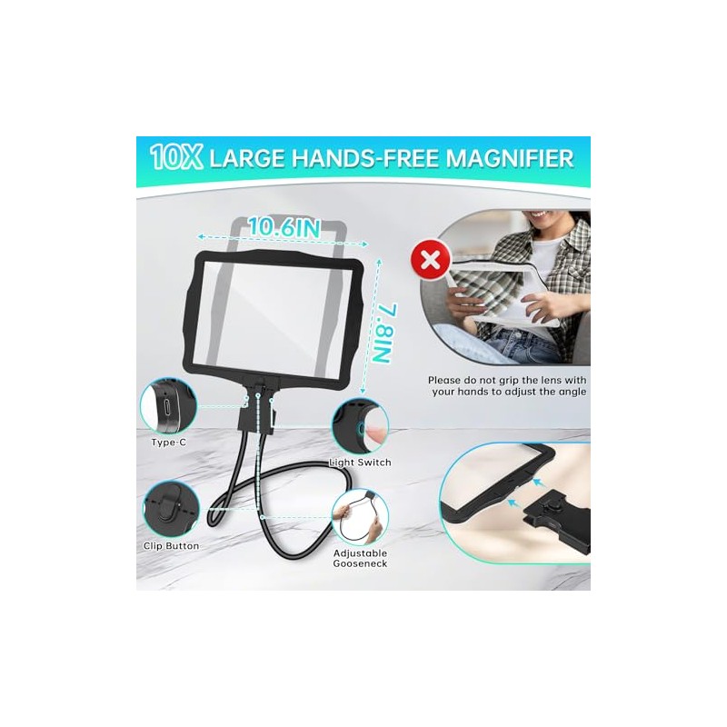 Large 10X Magnifying Glass with Light, Hands Free Magnifying Glass