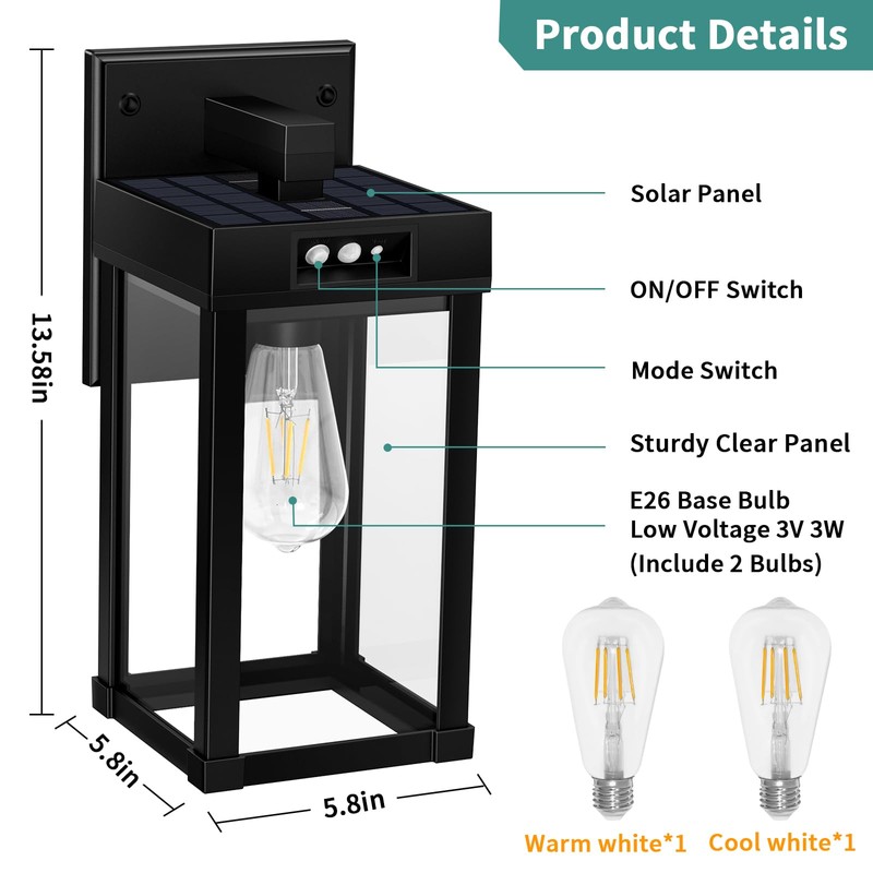 AEQ Solar Wall Lights Outdoor, Solar Wall Sconce with 3