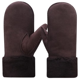Harssidanzar Mittens Gloves For Womens,Winter Sheepskin Shearling Heated Warm Furry Cuff Gloves KL024,Brown,Size S