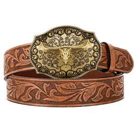 JASGOOD Mens Western Cowboy Belt Buckles for Men,1.5" Wide Genuine Leather Belt Cowgirl Mens Leather Belt for Jeans Brown