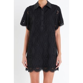 English Factory Women's Scallop Embroidered Cotton Mini Shirt Dress, Black, M