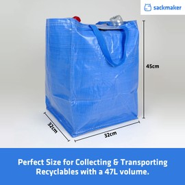 47 Litre Recycling Bag with Top Flap and Handles - Tip Strap - Laminated Wipe Clean Fabric - PREMIUM GRADE - Heavy Duty Woven PP Fabric (1 Bag, Blue)