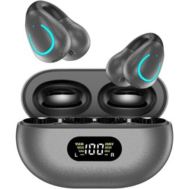NUPLEA Open Ear Bone Conduction Headphones Clip-on Headphones,Wireless Earbuds Bluetooth 5.3 with LED Display Charging Case 60 Hours Playtime IPX7 Waterproof for Running Walking, Workout Grey